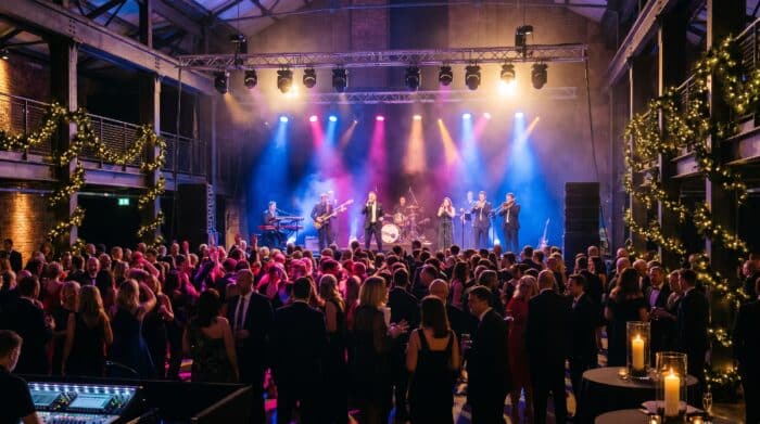 Liveband spiller til stor firma-julefrokost i industriel eventhal med fuldt scenelys, line-array hojttalere og fyldt dansegulv