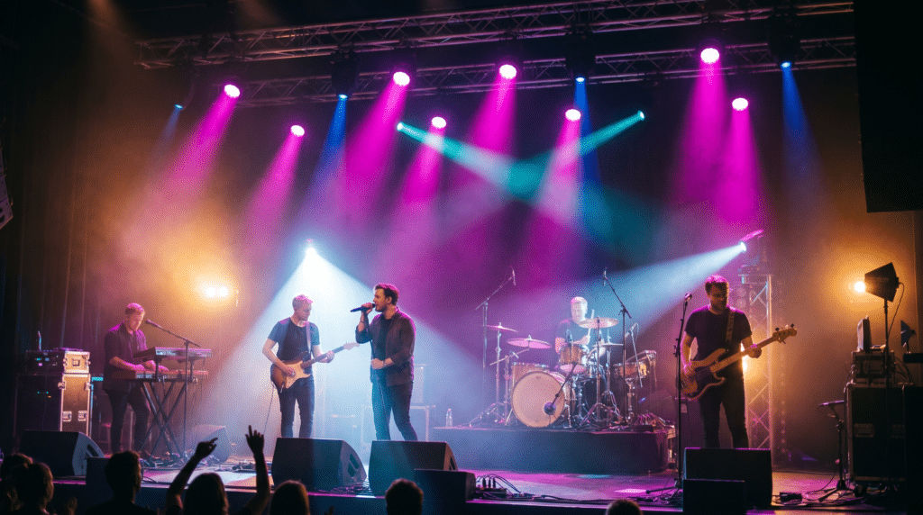 Live band paa stor scene med farvet scenelys og haze - lokal booking i Danmark