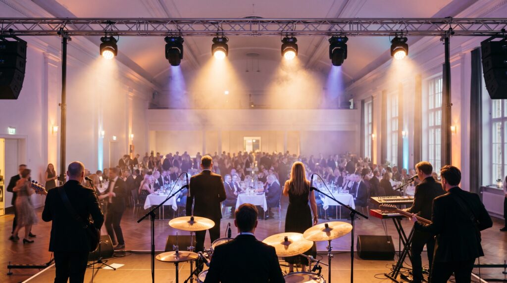 Publikum og band til en livekoncert - bandet på scenen i baggrunden, dansegulvet fyldt i forgrunden, varm sceneblysning. Illustration af fest booket gennem Bandportalen.