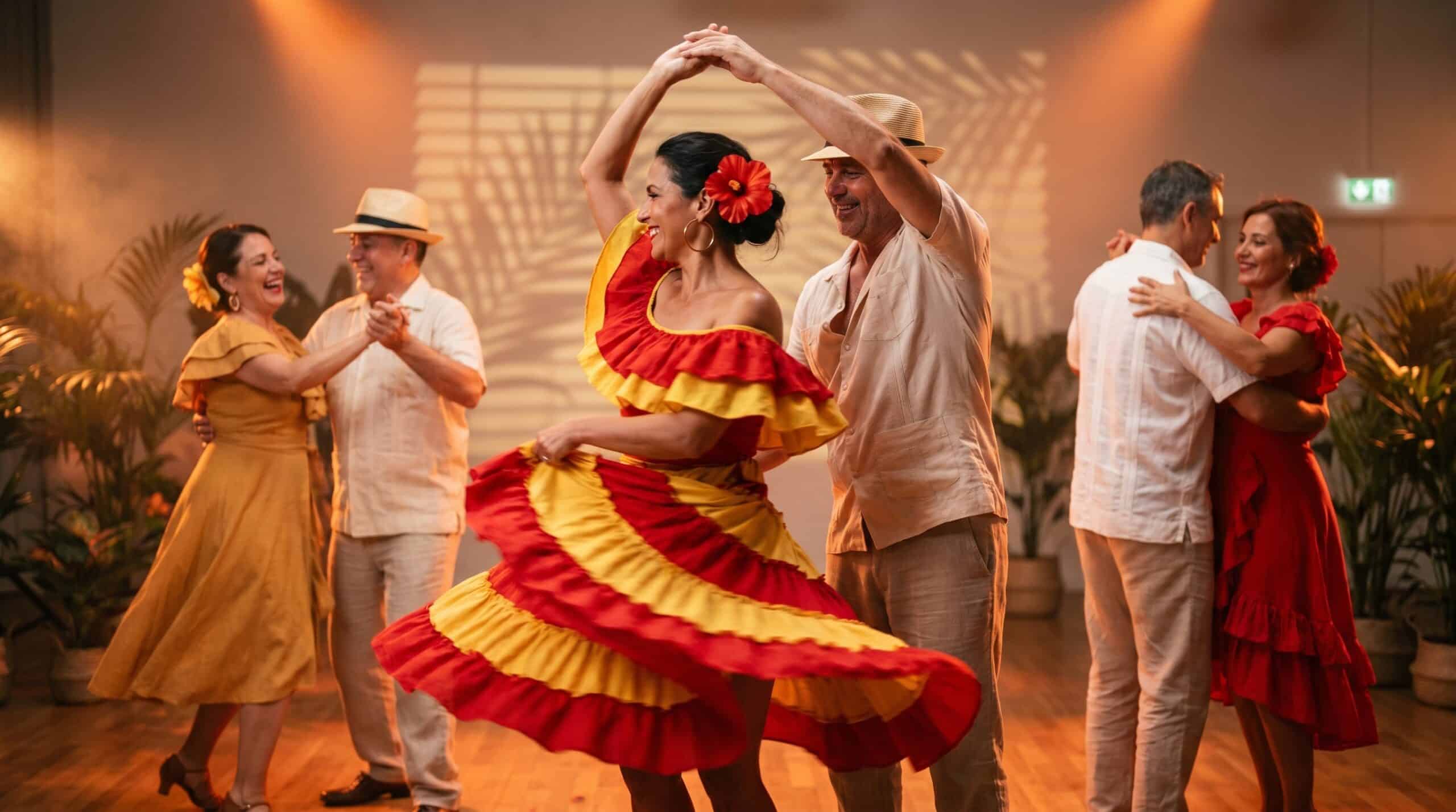 Par danser salsa i farverige latin-kostumer med flaesekjoler og guayabera-skjorter