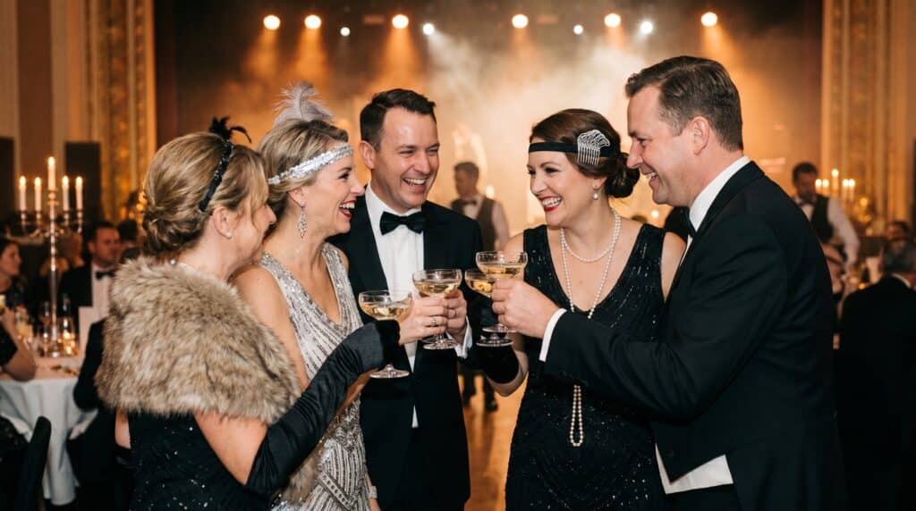 Gruppe gaester i Gatsby/Roaring 20s kostumer haever champagneglas til toast i festsal med scenelys og haze i baggrund