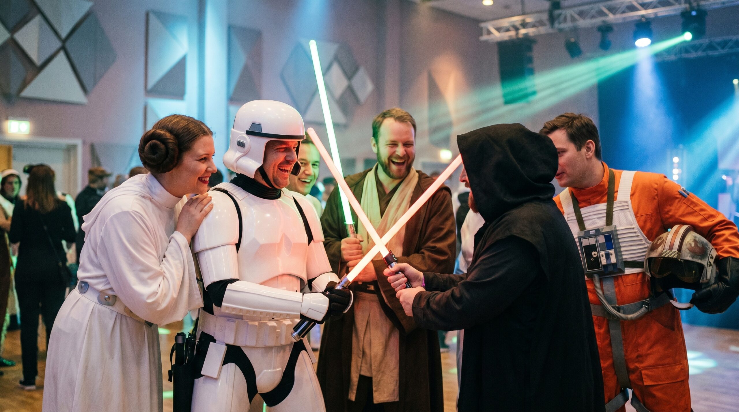 Gaester i sci-fi space-opera kostumer på intergalactic costume party med blå og grønne laser-accent lights