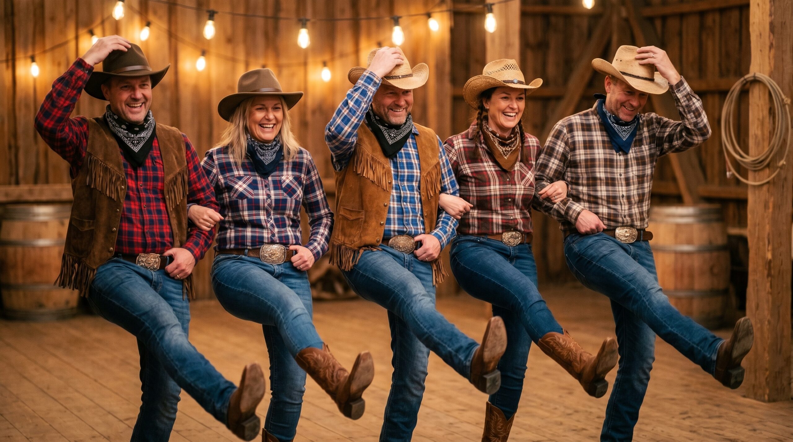 Gaester i western-kostumer med cowboyhatte og ternede skjorter i synkron line-dance pose