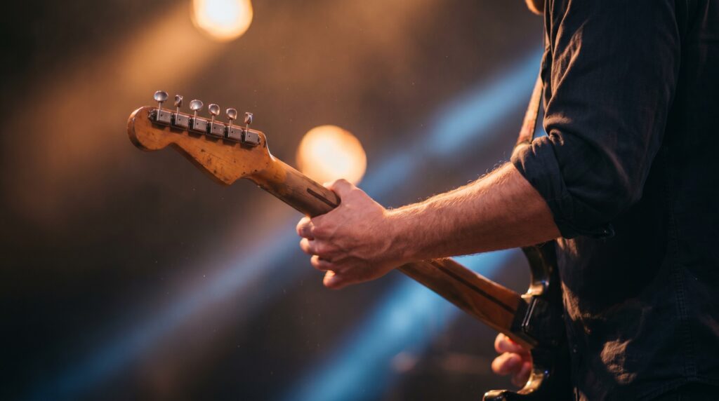 Party Police, nærbillede af guitar i blåt lys
