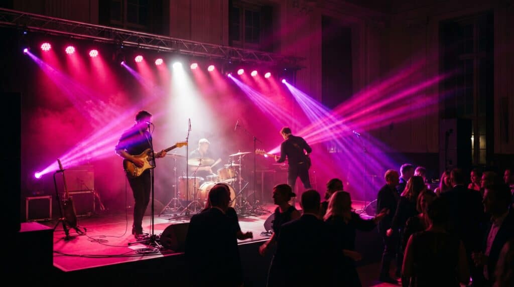 Party Police på scenen i pink og blåt lys